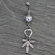 Pierce2GO 14G Silver Surgical Steel 316L Belly Dangle Accented with Heart Marijuana Leaf with CZ Stones 7/16"