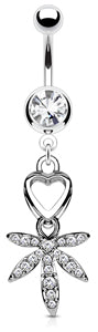 Pierce2GO 14G Silver Surgical Steel 316L Belly Dangle Accented with Heart Marijuana Leaf with CZ Stones 7/16"