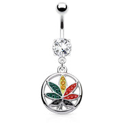 Pierce2GO 14G Silver Surgical Steel 316L Belly Dangle Accented with Marijuana Leaf in Circle Pendant with CZ Stones 7/16"