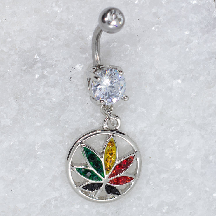 Pierce2GO 14G Silver Surgical Steel 316L Belly Dangle Accented with Marijuana Leaf in Circle Pendant with CZ Stones 7/16"