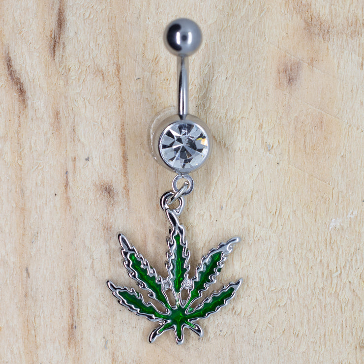 PierceGO 316L Surgical Steel belly Dangle Ring with Marijuana Pot Leaf and cz stone