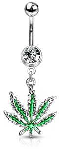 PierceGO 316L Surgical Steel belly Dangle Ring with Marijuana Pot Leaf and cz stone