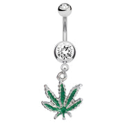 PierceGO 316L Surgical Steel belly Dangle Ring with Glow in the Dark Marijuana Pot Leaf and cz stone