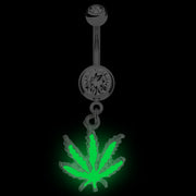 PierceGO 316L Surgical Steel belly Dangle Ring with Glow in the Dark Marijuana Pot Leaf and cz stone