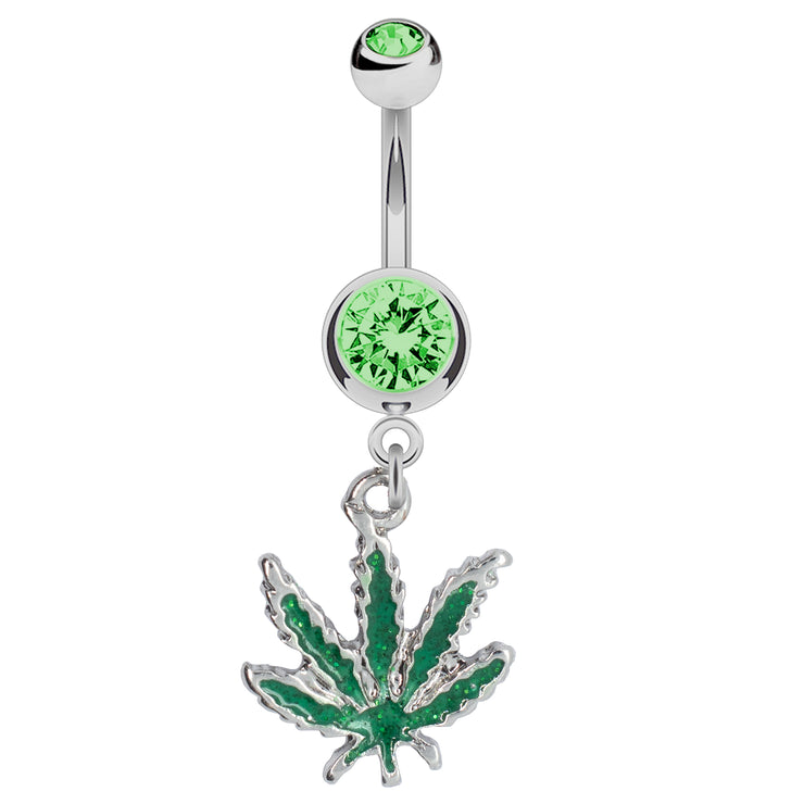 PierceGO 316L Surgical Steel belly Dangle Ring with Glow in the Dark Marijuana Pot Leaf and cz stone