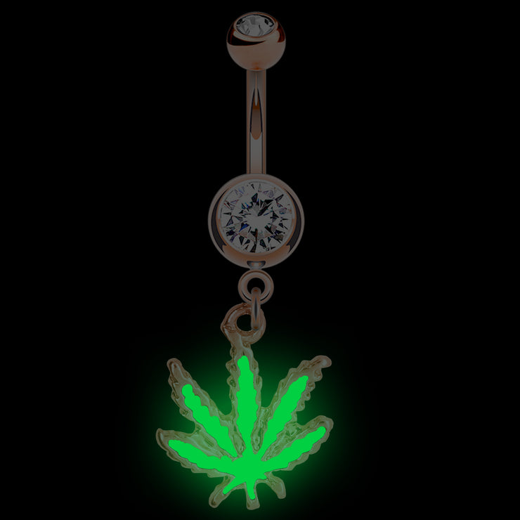 PierceGO 316L Anodized Rose Gold Surgical Steel belly Dangle Ring with Glow in the Dark Marijuana Pot Leaf and cz stone