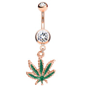 PierceGO 316L Anodized Rose Gold Surgical Steel belly Dangle Ring with Glow in the Dark Marijuana Pot Leaf and cz stone