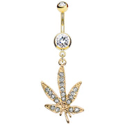 PierceGO 316L Anodized Gold Surgical Steel belly Dangle Ring with Marijuana Pot Leaf and cz stone