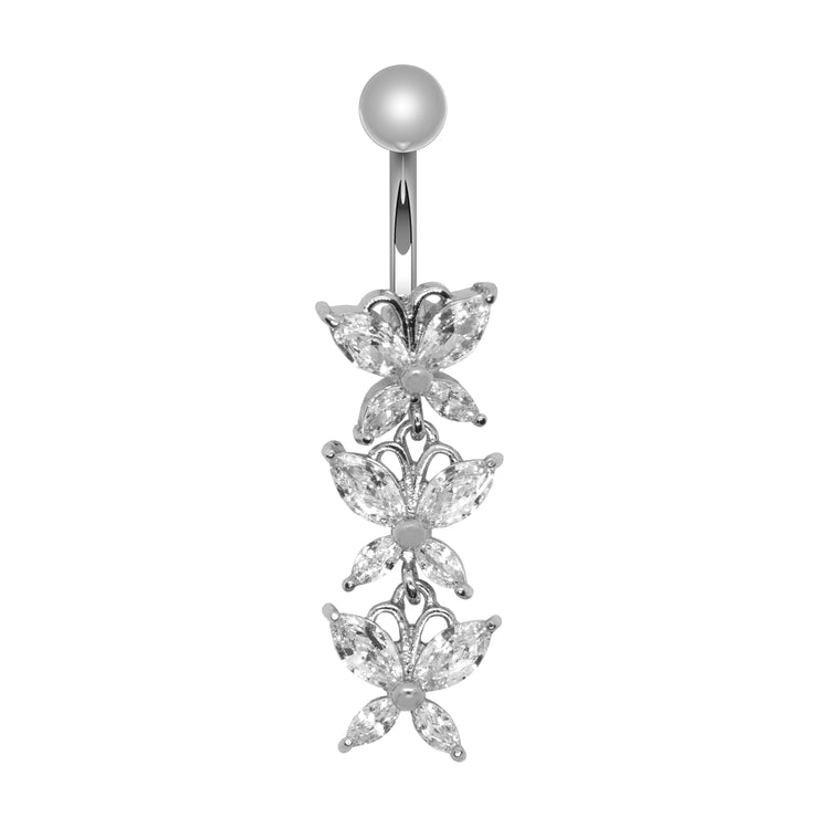 Pierce2GO Silver 316L 3 Butterflies Dangle Belly Ring with CZ Stones