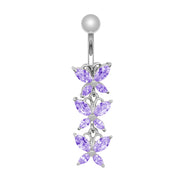 Pierce2GO Silver 316L 3 Butterflies Dangle Belly Ring with CZ Stones