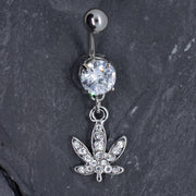 Pierce2GO Silver 316L Surgical Steel Barbell with Dangle Marijuana Leaf Pendant with CZ Stones