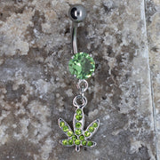 Pierce2GO Silver 316L Surgical Steel Barbell with Dangle Marijuana Leaf Pendant with CZ Stones