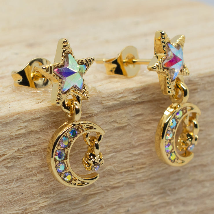 Pair of 316L Earrings with Moon and Stars Pendant and AB Stones