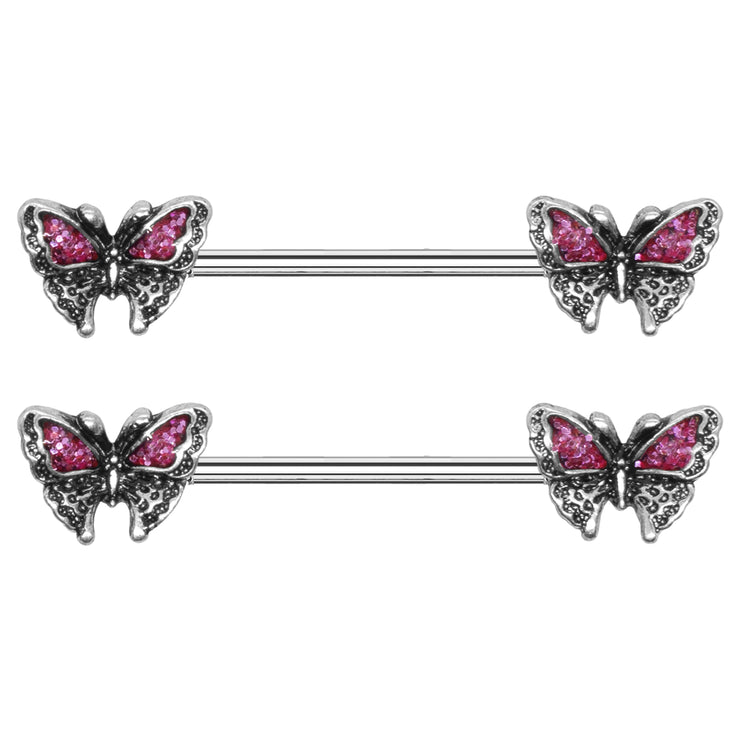 Pierce2GO Pair of 316L 14G Butterfly Nipple Rings with Pink Glitter Enamel Piercing Women 9/16" Barbell