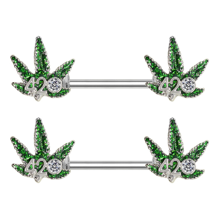 14G Silver and Green 4/20 Symbol Pot Leaf Nipple Rings with Clear CZ Stone