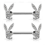 Playboy Silver Stainless Steel 14G 9/16" Playboy Nipplerings Piercing Barbell Bunny Logo Licensed Jewelry